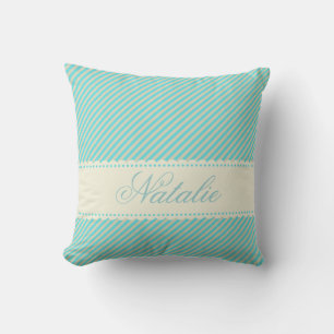 Diagonal Aqua Blue Cream Stripes Custom Name Cushion