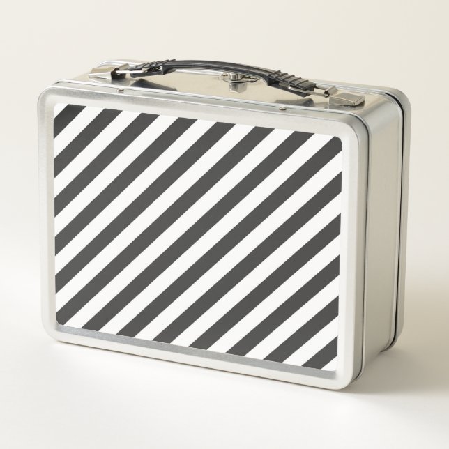 Diagonal black and white stripes  pattern metal lunch box (Back)