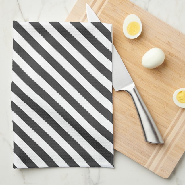 Diagonal black and white stripes  pattern tea towel (Quarter Fold)