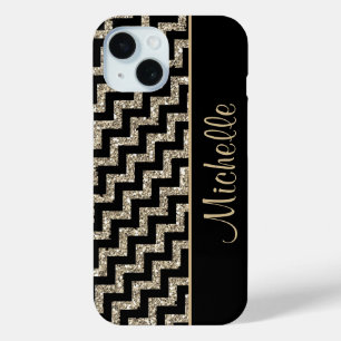 Diagonal Black Chevron Gold Personalised iPhone 15 Case