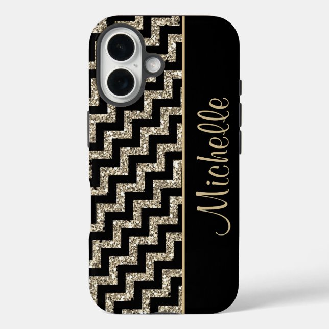 Diagonal Black Chevron Gold Personalised Case-Mate iPhone Case (Back)