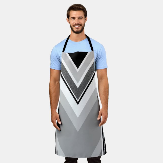 Diagonal black, grey, metallic striped apron. apron (Worn)