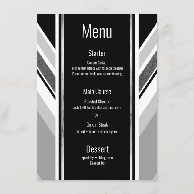 Diagonal black, grey, metallic striped menu (Front)