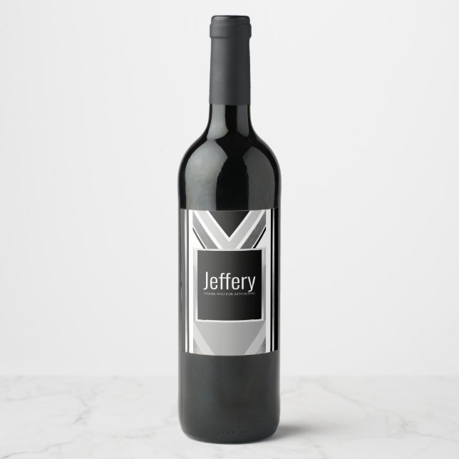 Diagonal black, grey, metallic striped print wine  wine label (Front)