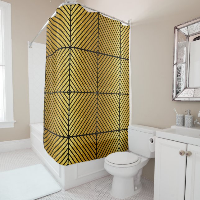 Diagonal Black Striped Gold Leaf Texture Curtain (In Situ)