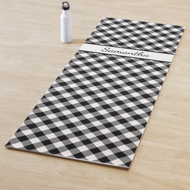 Diagonal Black White Buffalo Check with Your Name Yoga Mat (In Situ)