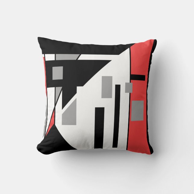 Diagonal Black with Red Grey Geometric Abstract Cushion (Front)