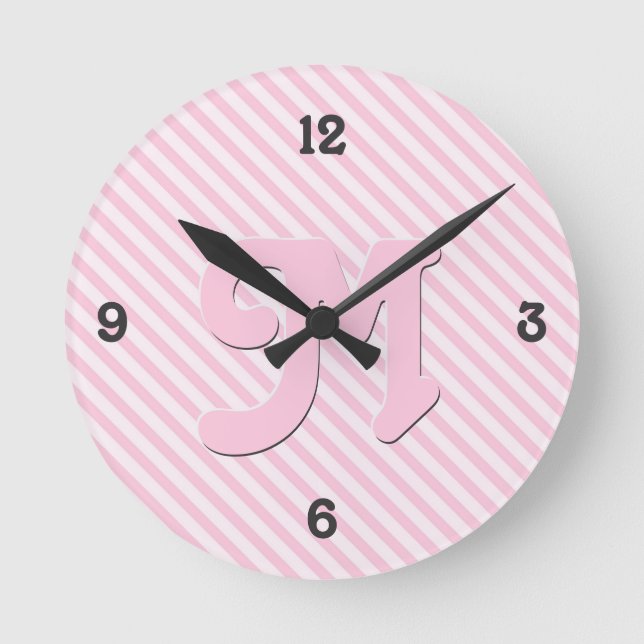 Diagonal Blossom Pink Stripes customise monogram Round Clock (Front)