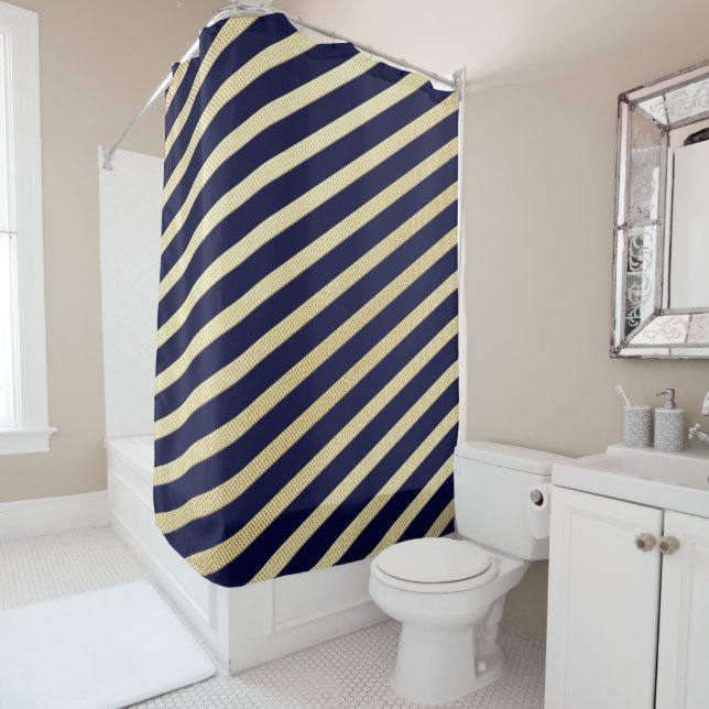 Diagonal Blue & Gold Stripes  Shower Curtain (In Situ)