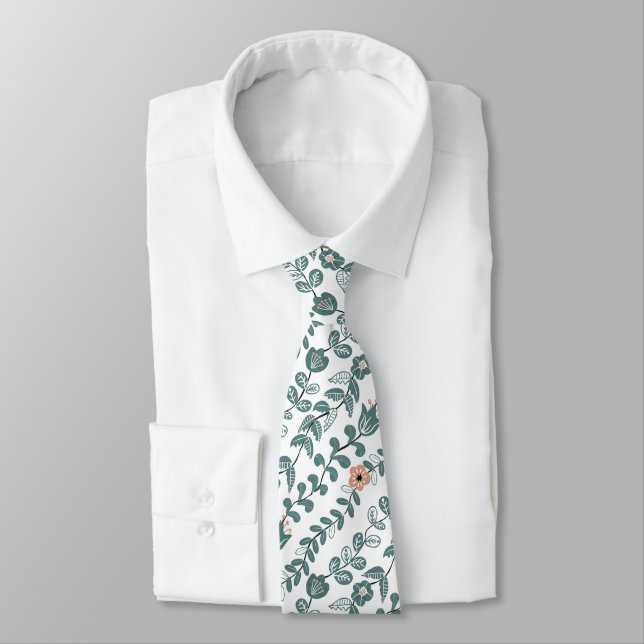 Diagonal Botanical Teal Name Floral Pattern Tie (Tied)