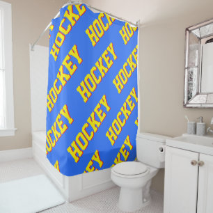 Diagonal Bright Yellow Retro TENNIS Text On Blue Shower Curtain