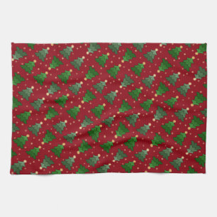 Diagonal Christmas Trees with Stars on Custom Red Tea Towel