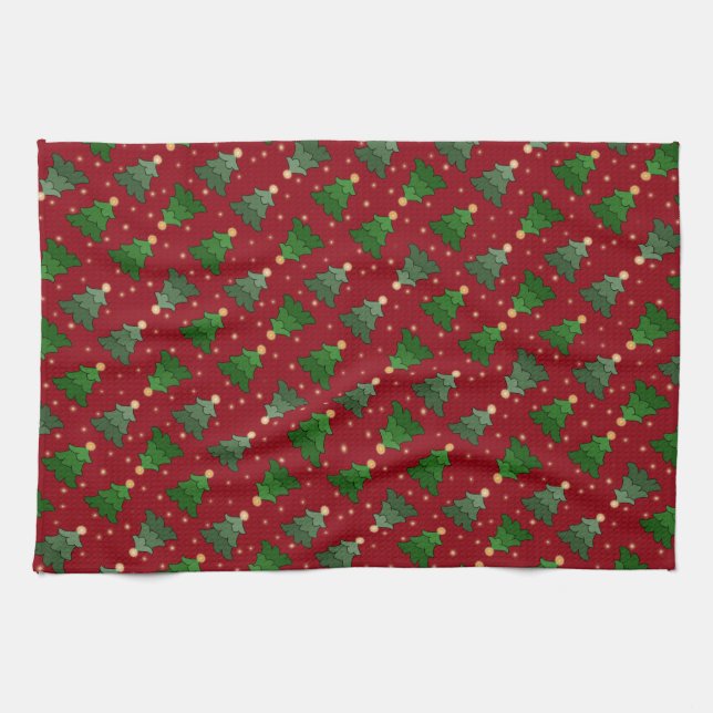 Diagonal Christmas Trees with Stars on Custom Red Tea Towel (Horizontal)