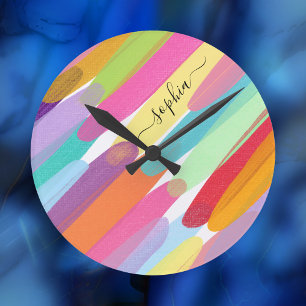 Diagonal Colour Strokes, Name, Abstract Painting Round Clock