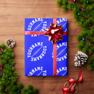 Diagonal Footballs YOUR NAME Text On Royal Blue Wrapping Paper