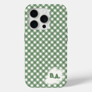 Diagonal Gingham Pattern in Green with Initials iPhone 15 Pro Case