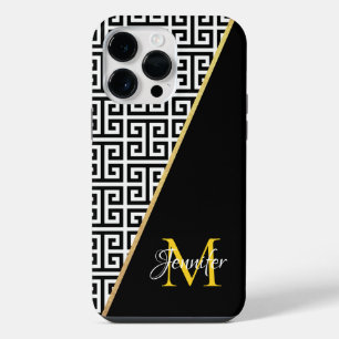 Diagonal Gold Foil Greek Key with Black Monogram iPhone 14 Pro Max Case