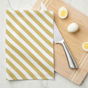 Diagonal golden yellow and white stripes pattern tea towel
