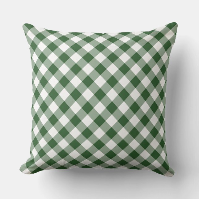 Diagonal Green and White Gingham Checked Plaid Cushion (Front)