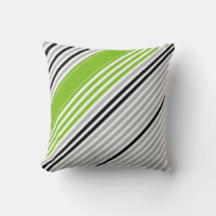 Diagonal green, grey, black, white stripes cushion
