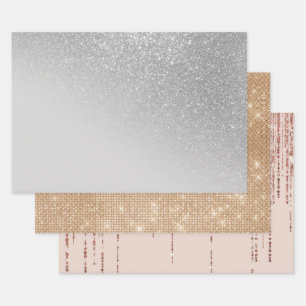 Diagonal Grey Silver Glitter Gradient Ombre Wrapping Paper Sheet