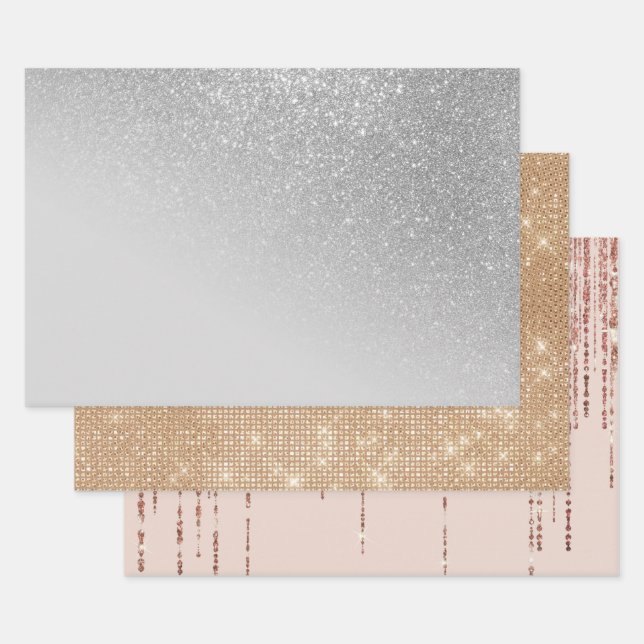 Diagonal Grey Silver Glitter Gradient Ombre Wrapping Paper Sheet (Set)