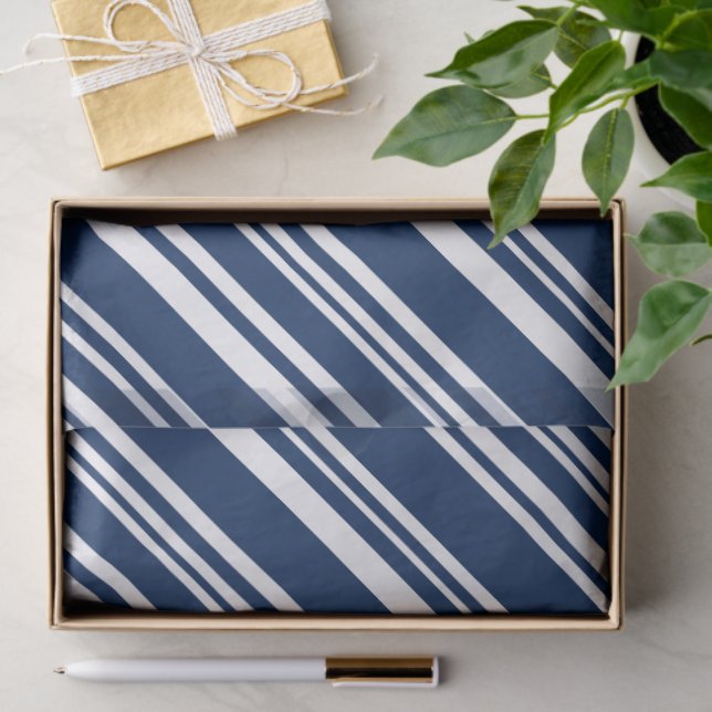 Diagonal Indigo and White Stripes Tissue Paper (Gift)
