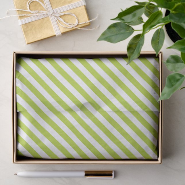 Diagonal lime green and white stripes pattern tissue paper (Gift)