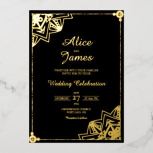 Diagonal Mandala Elegant Black Gold Foil Wedding