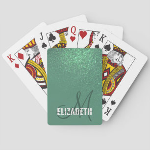 Diagonal Mermaid Green Glitter Gradient Monogram Playing Cards