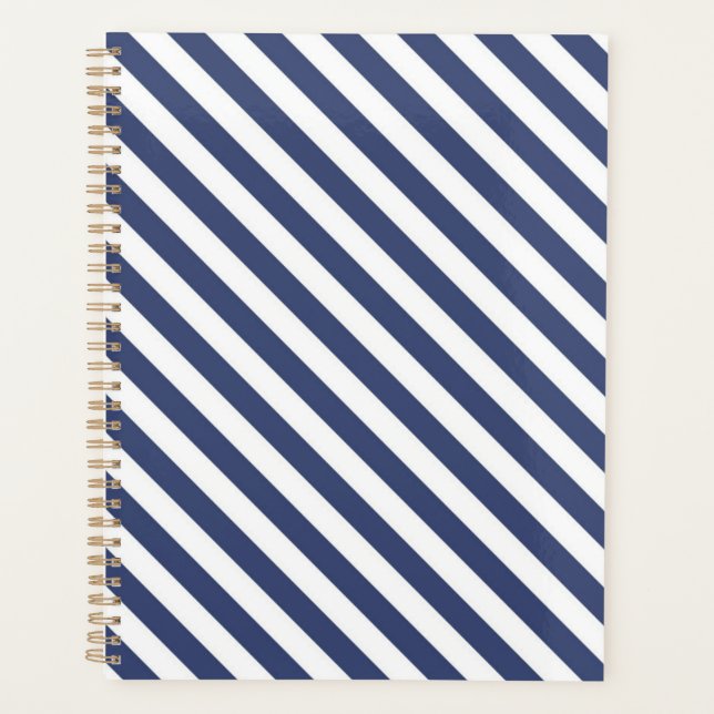 Diagonal navy blue and white stripes pattern planner (Front)