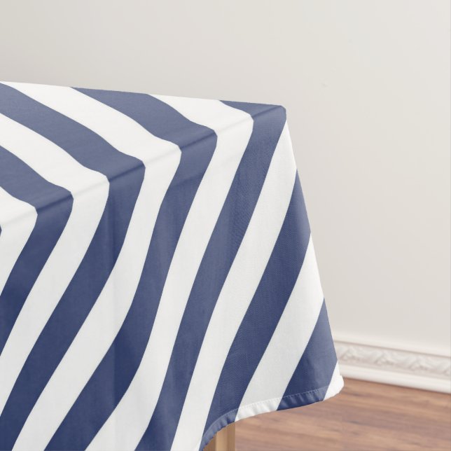 Diagonal navy blue and white stripes pattern tablecloth (In Situ)