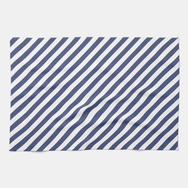 Diagonal navy blue and white stripes pattern tea towel (Horizontal)