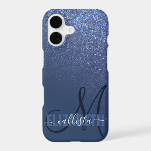 Diagonal Navy Blue Glitter Gradient Ombre Monogram