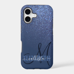 Diagonal Navy Blue Glitter Gradient Ombre Monogram
