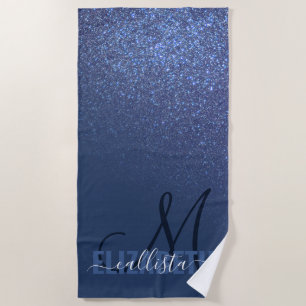 Diagonal Navy Blue Glitter Gradient Ombre Monogram Beach Towel