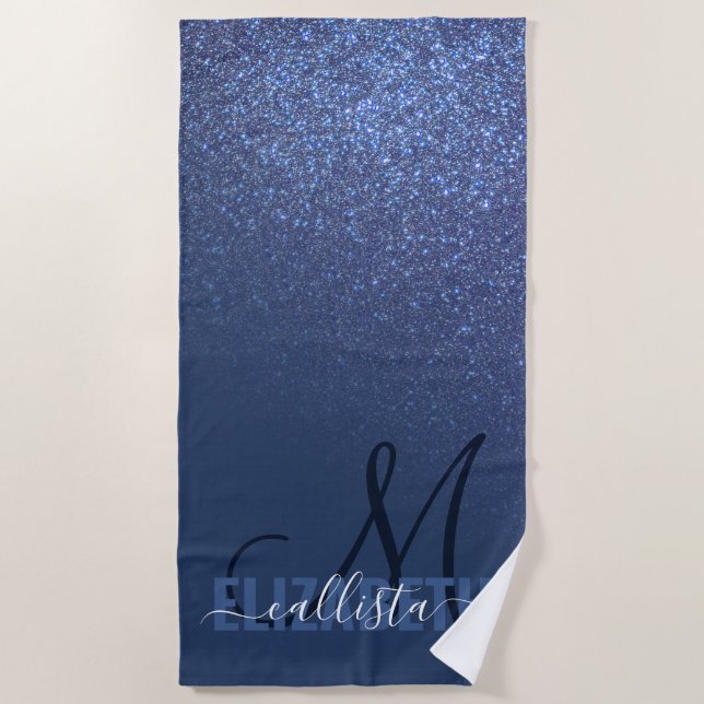Diagonal Navy Blue Glitter Gradient Ombre Monogram Beach Towel (Front)