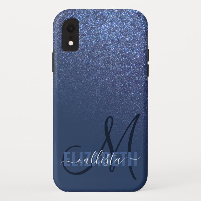 Diagonal Navy Blue Glitter Gradient Ombre Monogram Case-Mate iPhone Case (Back)