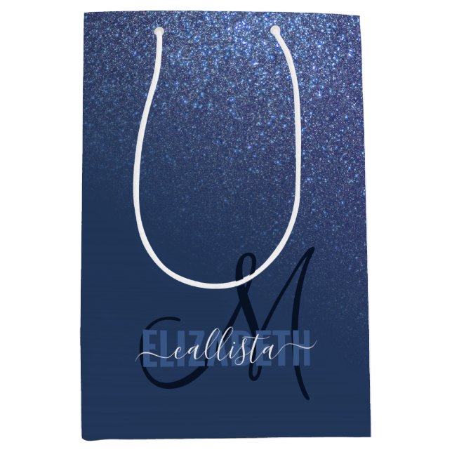 Diagonal Navy Blue Glitter Gradient Ombre Monogram Medium Gift Bag (Front)