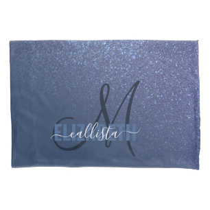 Diagonal Navy Blue Glitter Gradient Ombre Monogram Pillowcase