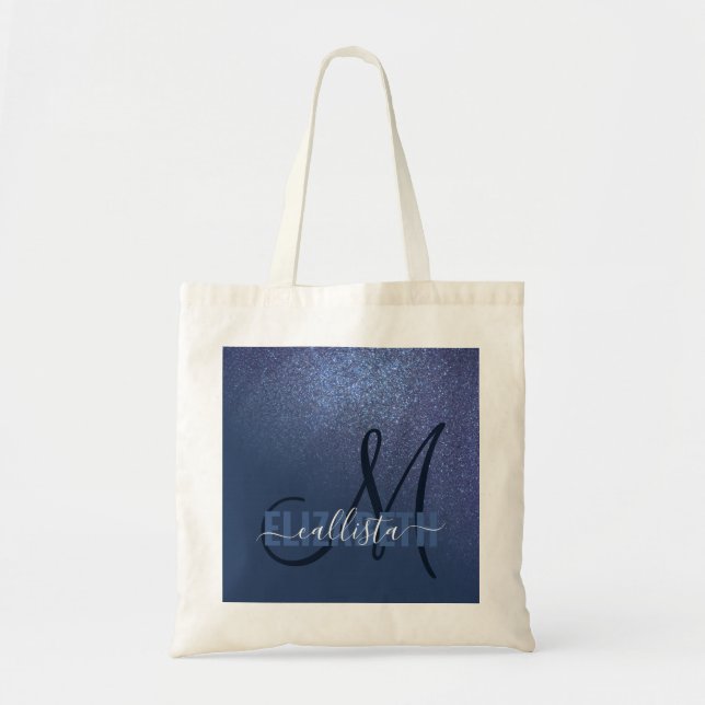 Diagonal Navy Blue Glitter Gradient Ombre Monogram Tote Bag (Front)