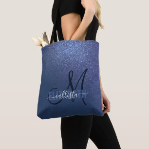 Diagonal Navy Blue Glitter Gradient Ombre Monogram Tote Bag