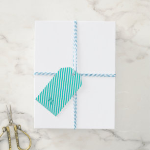 Diagonal neon blue and white stripes initials gift tags