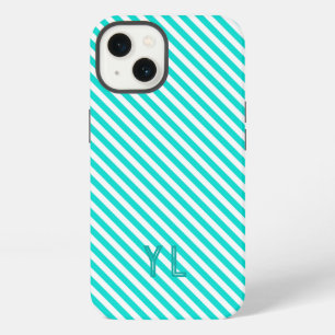 Diagonal neon blue and white stripes initials iPhone 13 case