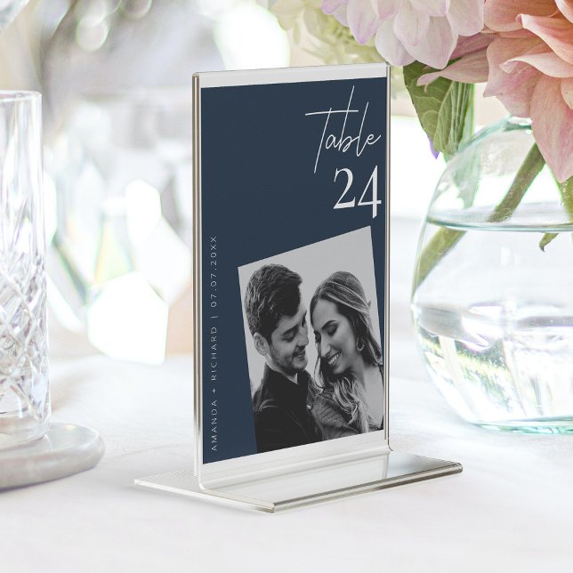 Diagonal Photo Magic: Modern Navy Table Number (Navy Blue White Modern Photo Minimalist Romance Table Number)