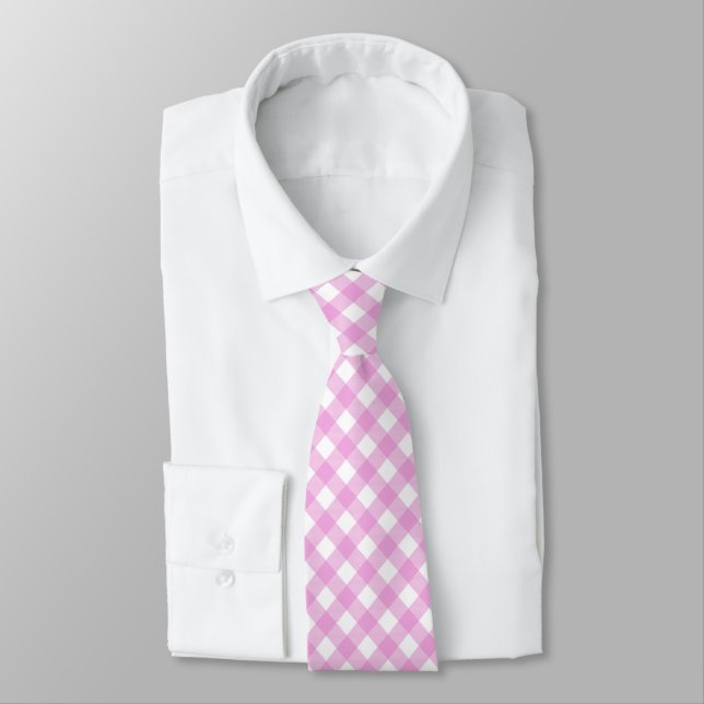 Diagonal Pink and White Chequerboard Tie (Tied)