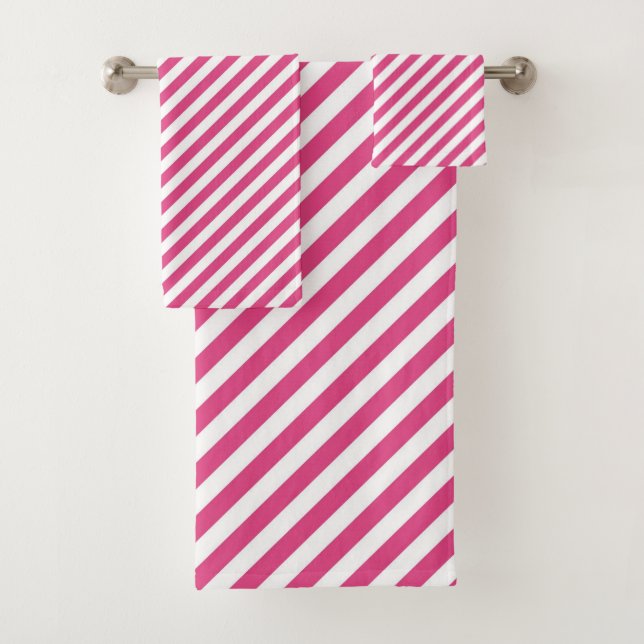 Diagonal pink and white stripes pattern bath towel set (Insitu)