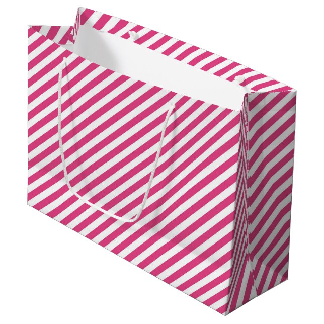 Diagonal pink and white stripes pattern large gift bag (Front Angled)