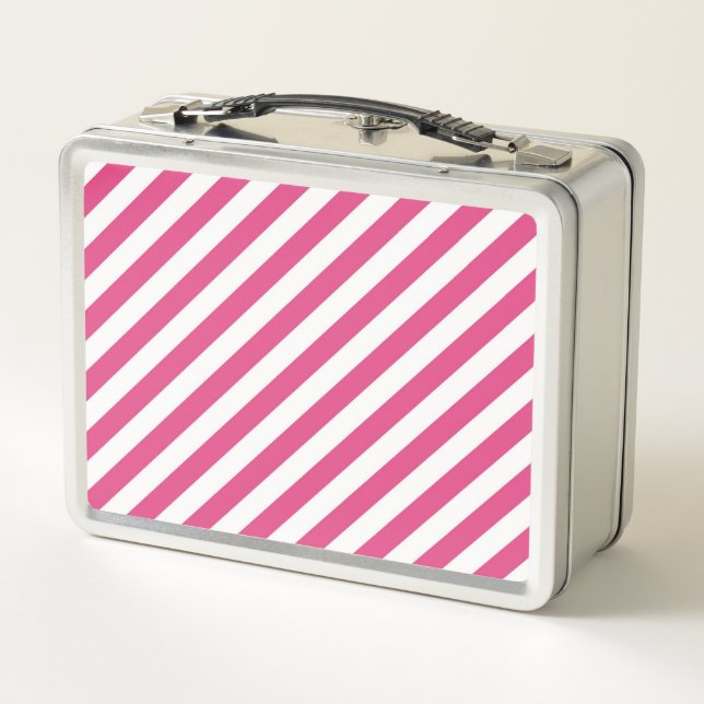 Diagonal pink and white stripes pattern metal lunch box (Back)