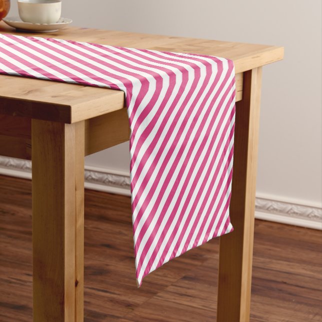 Diagonal pink and white stripes pattern short table runner (In Situ)
